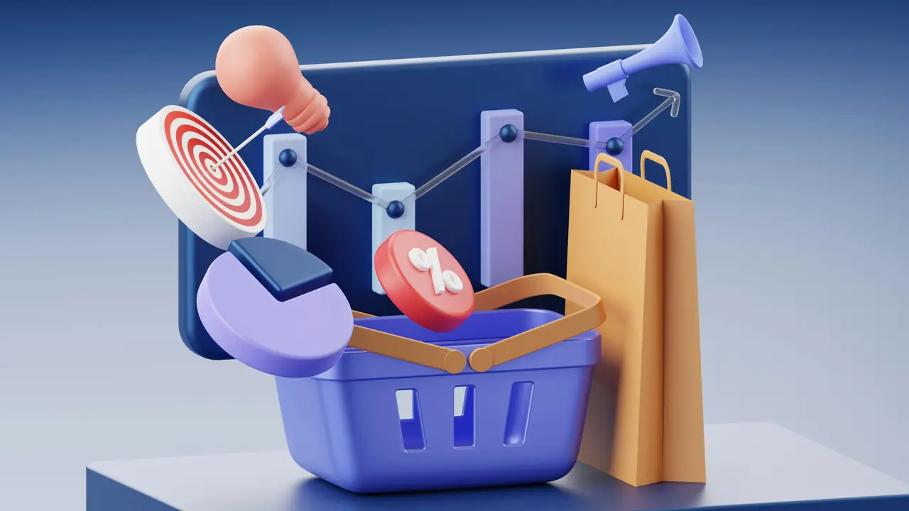 3D illustration of AI, e-commerce, and digital marketing elements, including a shopping basket, sale badge, shopping bags, target, megaphone, and performance chart.
